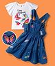 OLLINGTON ST. Cotton Half Sleeves Inner Top & Denim Pinafore with Butterfly Embroidery - White & Blue