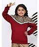 BaawRi Fleece Knit Full Sleeves Leopard Printed Colour Blocked Winter Hoodie - Red