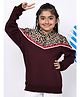 BaawRi Fleece Knit Full Sleeves Leopard Printed Colour Blocked Winter Hoodie - Wine