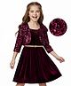 Hola Bonita Knit Three Fourth Sleeves Sequinned Shrug & Velvet Party Dress With Bow Applique & Belt - Wine