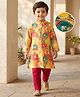 Babyhug Woven Full Sleeves Kurta Pyjama Set With Floral Print - Mustard & Red
