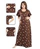 Fabme Pure Cotton Woven Half Sleeves Dadelions Printed Maternity Night Dress With Concealed Zipper Nursing Access - Brown