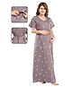 Fabme Pure Cotton Woven Half Sleeves Floral Printed Maternity Night Dress With Concealed Zipper Nursing Access - Purple & Grey
