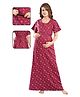 Fabme Pure Cotton Woven Half Sleeves Floral Printed Maternity Night Dress With Concealed Zipper Nursing Access - Dark Pink