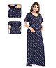 Fabme Pure Cotton Woven Half Sleeves Floral Printed Maternity Night Dress With Concealed Zipper Nursing Access - Navy Blue
