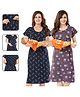 Fabme Pure Cotton Woven Pack Of 2 Half Sleeves Floral Printed Maternity Night Dresses With Concealed Zipper Nursing Access - Navy Blue & Purple