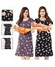 Fabme Pure Cotton Woven Pack Of 2 Half Sleeves Floral & Abstract Printed Maternity Nighty With Overlap Zipper Nursing Access - Purple & Black