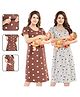 Fabme Pure Cotton Woven Pack Of 2 Half Sleeves Leaves & Polka Dots Printed Maternity Nighty With Overlap Zipper Nursing Access - Brown & Grey