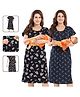 Fabme Pure Cotton Woven Pack Of 2 Half Sleeves Floral Printed Maternity Nighty With Overlap Zipper Nursing Access - Black & Navy Blue