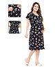Fabme Pure Cotton Woven Half Sleeves Floral Printed Maternity Nighty With Overlap Zipper Nursing Access - Black