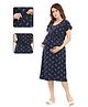 Fabme Pure Cotton Woven Half Sleeves Floral Printed Maternity Nighty With Overlap Zipper Nursing Access - Navy Blue