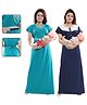 Fabme Cotton Knit Pack Of 2 Half Sleeves Floral Embroidered & Polka Printed Maternity Nighty With Front Open Nursing Access - Sea Green & Navy Blue