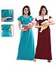 Fabme Cotton Knit Pack Of 2 Half Sleeves Floral Embroidered & Polka Printed Maternity Nighty With Front Open Nursing Access - Sea Green & Purple