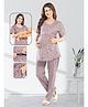 Fabme Pure Cotton Woven Half Sleeves Space Theme Printed Maternity Night Suit Set With Overlap Zipper Nursing Access - Purple Grey