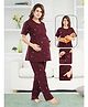 Fabme Pure Cotton Woven Half Sleeves Abstract Printed Maternity Night Suit Set With Overlap Zipper Nursing Access - Purple Grey