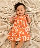 A Toddler Thing Mulmul Cotton Woven Sleeveless Bow Applique Detailed & Abstract Printed Dress - Splash Orange