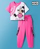 Pine Kids Disney Single Jersey Knit Drop Shoulder Half Sleeves Cut & Sew T-Shirt with Joggers Set With Minnie Mouse Graphics - Pink & White