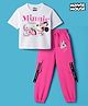 Pine Kids Disney Single Jersey Knit Drop Shoulder Half Sleeves Crop Top & Joggers Set With Minnie Mouse Graphics - White & Pink