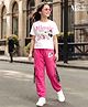 Pine Kids Disney Single Jersey Knit Drop Shoulder Oversized Half Sleeves Crop Top & Joggers Set With Minnie Mouse Graphics - White & Pink