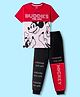 Honeyhap Disney Single Jersey Knit Half Sleeves Cut & Sew T-Shirt & Track Pant Set With Mickey & Friends Graphics - Red White & Black