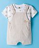 ToffyHouse Cotton Knit Striped Dungaree & Half Sleeves T-Shirt With Animal Print - Tan