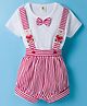 ToffyHouse Cotton Knit Half Sleeves T-Shirt & Striped Shorts With Bow & Teddy Bear Applique - White & Red