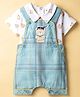 ToffyHouse Cotton Knit Dungaree & Half Sleeves T-Shirt With Teddy Bear Print & Patch - Sea Green
