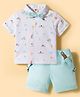 ToffyHouse Cotton Knit Half Sleeves Vehicle Printed Polo T-Shirt & Shorts Set with Suspender & Bow - Teal Blue & White