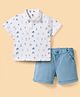ToffyHouse Cotton Knit Half Sleeves Jungle Theme Printed Polo T-Shirt & Shorts Set With Bow & Suspender - White & Light Blue