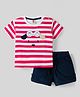 ToffyHouse Knitted Woven Half Sleeves T-Shirt & Shorts Set with Stripes & Animal Print - Red & White