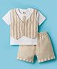 ToffyHouse Cotton Knit Half Sleeves T-Shirt & Shorts With Attached Waistcoat - Beige & White