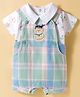 ToffyHouse Interlock Knit Half Sleeves T-Shirt & Dungaree with Checks Animal Print & Embroidery - White & Sea Green