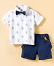 ToffyHouse Cotton Knit Half Sleeves Air Balloon Printed Polo T-Shirt & Shorts With Bow & Suspender - White & Navy Blue