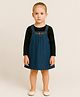 ShopperTree Denim Woven Floral Embroidered Pinafore Dress With Full Sleeves Tee - Dark Blue