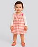 ShopperTree Cotton Blend Woven Checked & Floral Embroidered Dress  - Peach