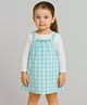 ShopperTree Denim Woven Checked & Thread Work  Embroidered Pinafore Dress With Full Sleeves Tee - Sea Green
