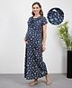Bella Mama Cotton Knit Half Sleeves Nursing Nighty with Concealed Zipper Floral Print & Pocket Detailing - Navy Blue