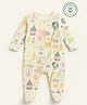 furr balls Organic Cotton Knit Full Sleeves Animals Printed Sleepsuit - Off White