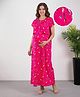 Bella Mama Cotton Knit Half Sleeves Nursing Nighty With Floral Print - Pink