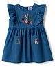 Babyhug Cotton Woven Frill Sleeves Frock With Bunny & Floral Embroidery - Blue