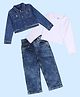 Kiddopanti Denim Woven Full Sleeves Rhinestones Embellished Cropped Jacket & Jeans With Solid Tee Set - White Blue & Dark Blue