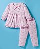 ToffyHouse 100% Cotton Knit Full Sleeves Co-ords Top Style & Pajama Night Suit with Floral Print - Baby Pink