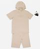 Pantaloons Junior Cotton Knit Half Sleeves Flex Text Puff Printed Hooded Tee & Shorts Set - Beige