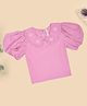 Pantaloons Junior Cotton Woven Half Puffed Sleeves  Floral Embroidered Peter Pan Collar Top - Pink
