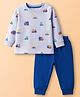 Zero Sinker Knit Full Sleeves T-Shirt & Lounge Pant Set with Vehicle Print - Grey & Blue