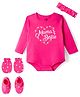 Doodle Poodle 100% Cotton Knit Full Sleeves Printed Onesie With Mittens Booties & Headband - Dark Pink