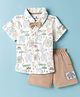 Child World Textile Knit Half Sleeves Shirt & Shorts Set with Jungle Theme Print & Bow Applique - Tan
