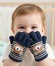 Ziory Wool Knit Striped & Teddy Bear Face Applique Detailed Gloves - Navy Blue