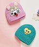 MayRa Knits Hand Knitted Woven Pack Of 2 Animal & Heart Designed Caps - Purple & Blue - Circumference - 25 Cms