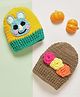MayRa Knit Hand Knitted Pack Of 2 Floral & Animal Applique Detailed Crochet Caps - Brown & Orange - Circumference 25 Cm